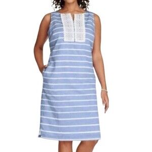 TALBOTS Dress Blue White Linen Striped Nautical Beach Shift Coastal